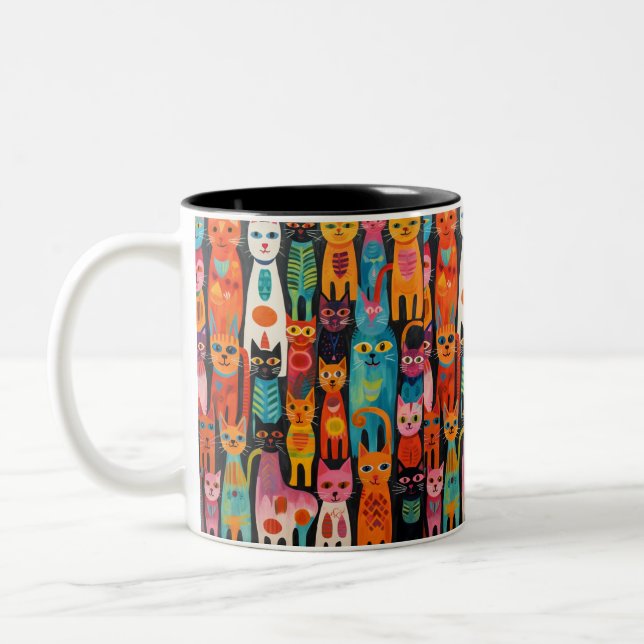 Vibrant Folk Art Cats Pattern Mug (Left)