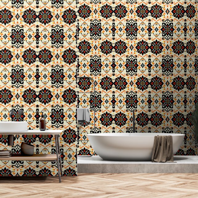 Vibrant Folk Art Damask Wallpaper (Bathroom)