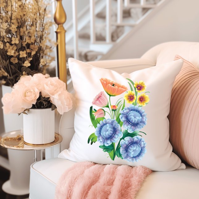 Vibrant Folk Art Floral Accent Throw Pillow (Creator Uploaded)