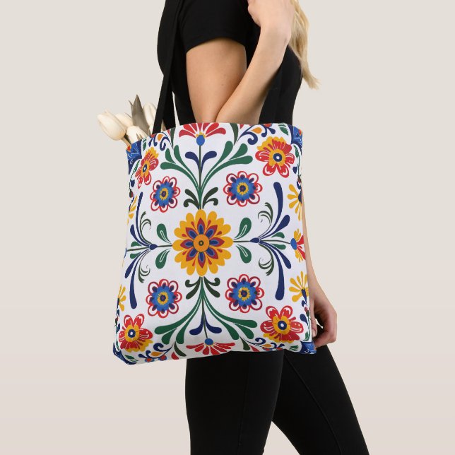 Vibrant Folk Art Floral Pattern Tote Bag | Traditi (Close Up)