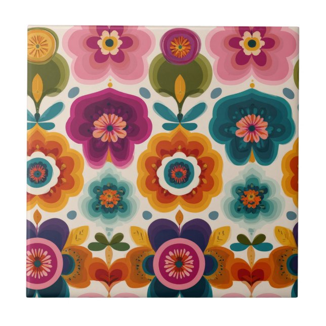 Vibrant Folk Art Flowers 70s Retro Floral Pattern Tile (Front)
