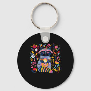 Vibrant Folk Art Illustration Of A Raccoon Surroun Keychain