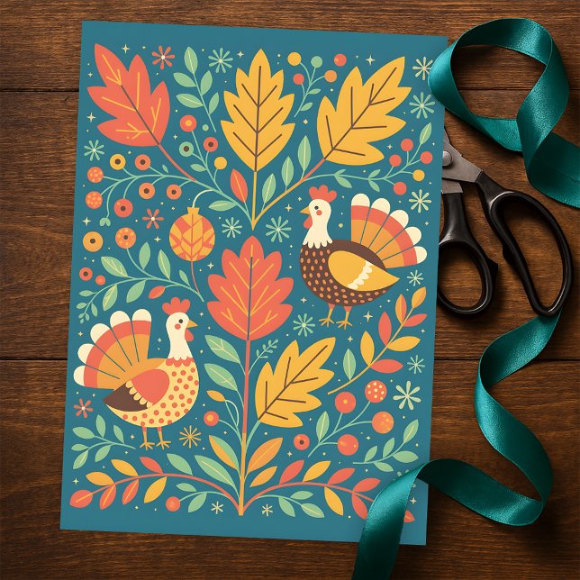 Vibrant Folk Art Turkey Autumn Leaves Thanksgiving Tissue Paper (Creator Uploaded)