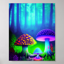 Vibrant forest dreamscape with whimsical mushrooms