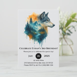 Vibrant Forest Wolf Birthday Invitation