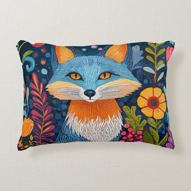 Vibrant Fox Dot Art Amidst Lush Flora Accent Pillow (Front)