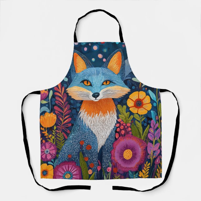 Vibrant Fox Dot Art Amidst Lush Flora Apron (Front)