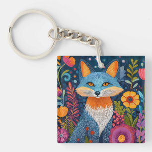 Vibrant Fox Dot Art Amidst Lush Flora Keychain