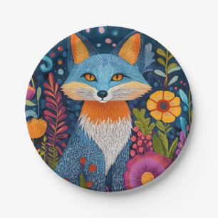 Vibrant Fox Dot Art Amidst Lush Flora Paper Plate