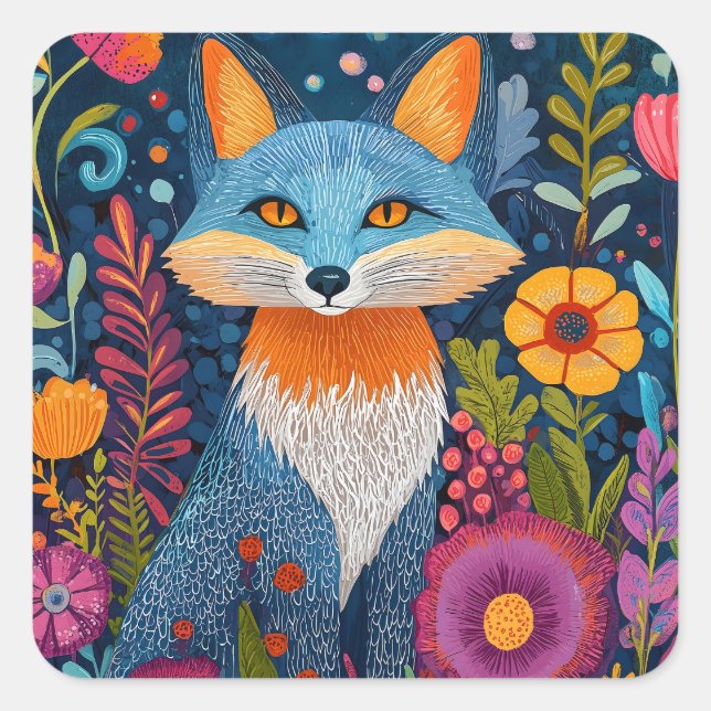 Vibrant Fox Dot Art Amidst Lush Flora Square Sticker (Front)