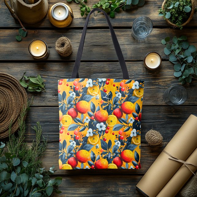 Vibrant Fruit Print Tote Bag with Custom Initials  (Creator Uploaded)