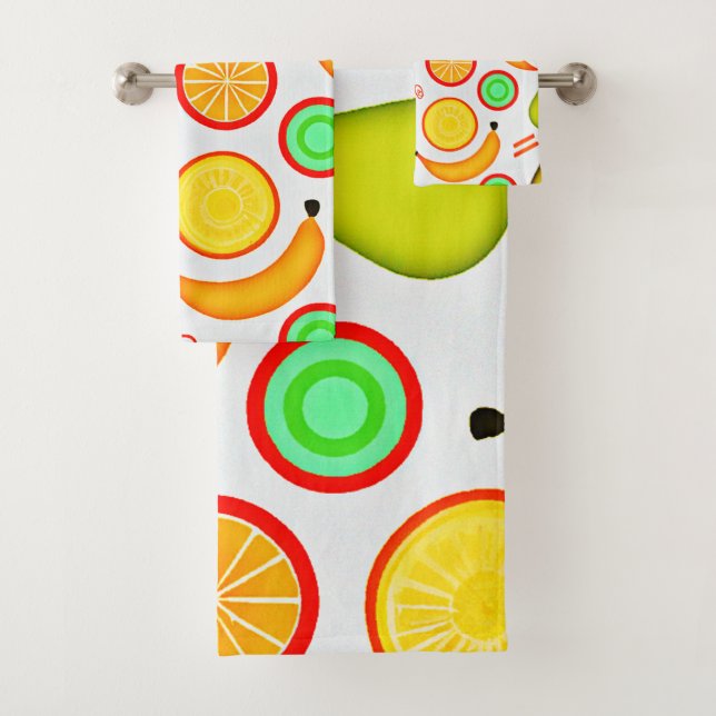 Vibrant Fruity Kaleidoscope Pattern Bath Towel Set (Insitu)