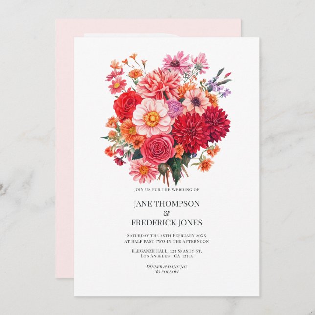 Vibrant Fuchsia and Coral Floral Wedding QR Code Invitation (Front/Back)
