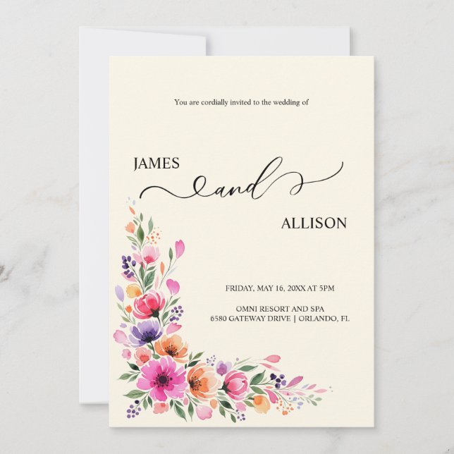 Vibrant Fuchsia Floral QR Code Wedding Invitation (Front)