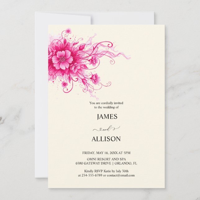 Vibrant Fuchsia Watercolor Flora Wedding  Invitation (Front)