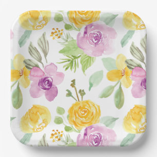 Vibrant Fun Watercolor Flower Garden Floral Girly Paper Plate