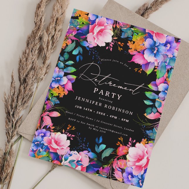 Vibrant Garden Floral Retirement Party Black Invitation (Vibrant Garden Floral Retirement Party Black Invitation)