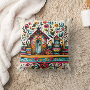 Vibrant garden scene with a colourful birdhouse throw pillow