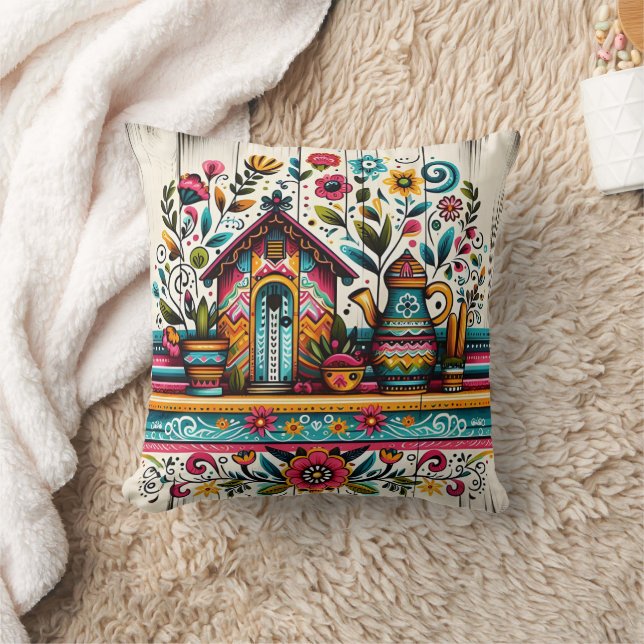 Vibrant garden scene with a colourful birdhouse throw pillow (Blanket)
