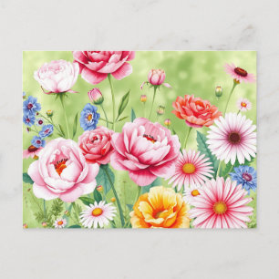 Vibrant Garden Watercolor with Roses Peonies Postcard