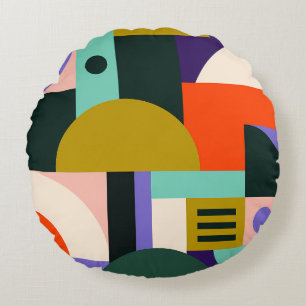 Vibrant Geometric Abstract Art with Bold Colours Round Pillow