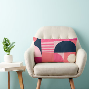 Vibrant Geometric Abstract Pattern with Pink Navy Lumbar Pillow