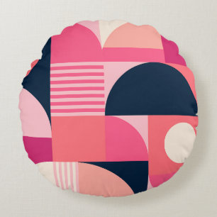 Vibrant Geometric Abstract Pattern with Pink Navy Round Pillow