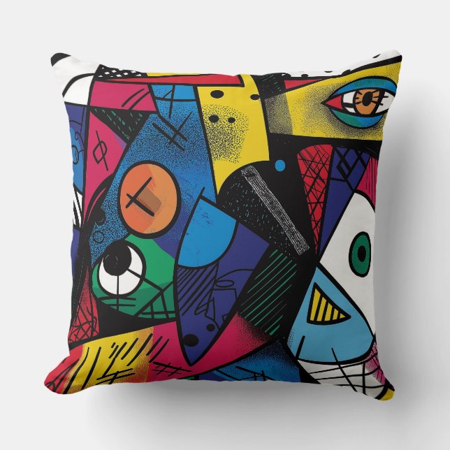 Vibrant Geometric Cubist Abstract Design Throw Pillow (Front)