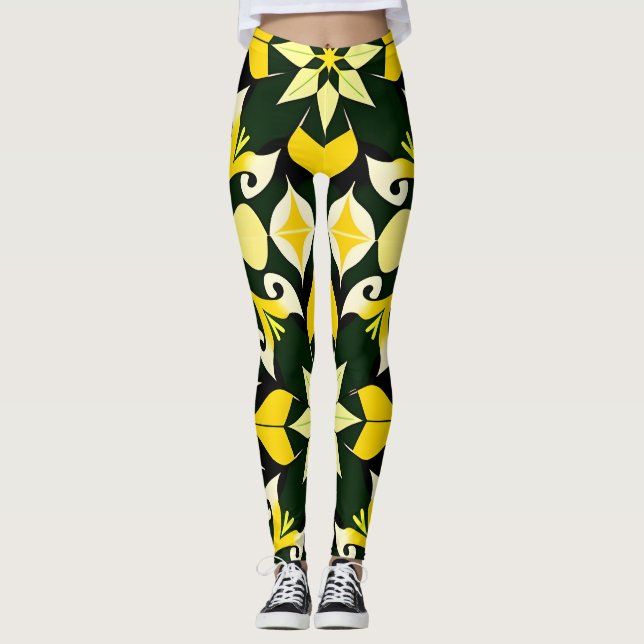 Vibrant Geometric Floral Design Leggings (Front)