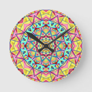Vibrant Geometric Kaleidoscope Pattern Round Clock