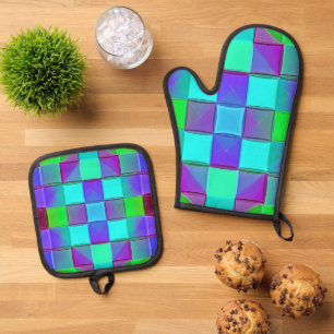 Vibrant Geometric Light Waves Oven Mitt & Pot Holder Set