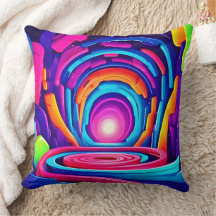 Vibrant Geometric Neon Art Tunnel Design Throw Pillow