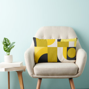 Vibrant Geometric Shapes in Yellow, Black Art Lumbar Pillow