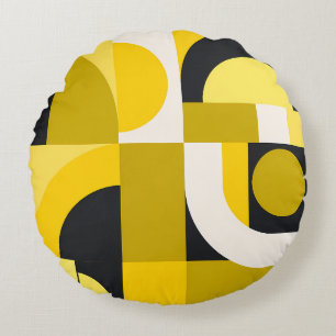 Vibrant Geometric Shapes in Yellow, Black Art Round Pillow