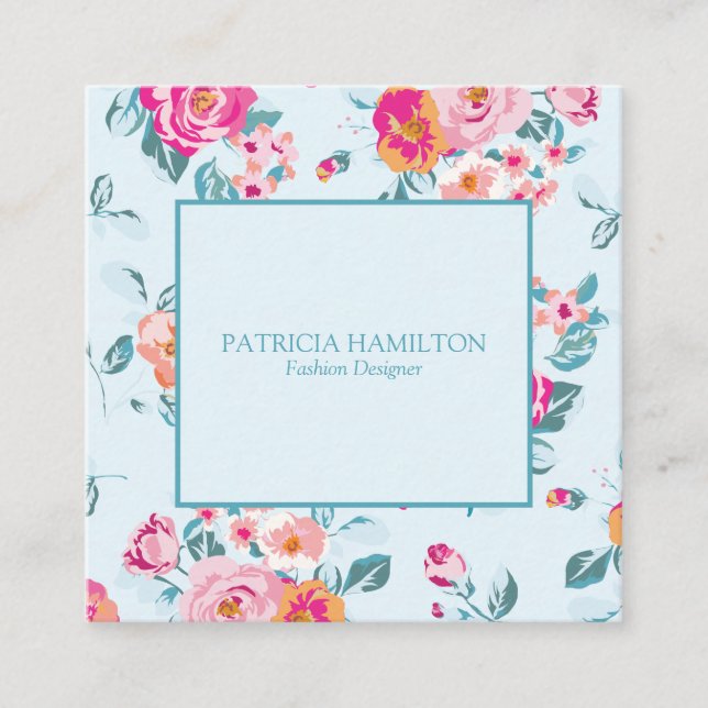 Vibrant Girly Pink Floral Pattern On Mint Square Business Card (Front)
