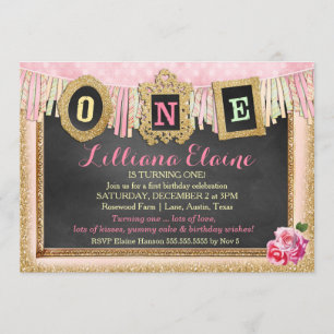 Vibrant Gold Glitter First Birthday Banner Invitation