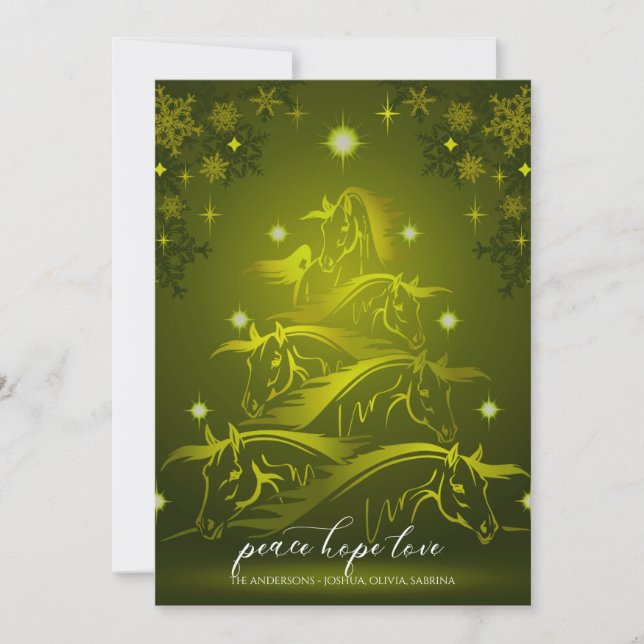 Vibrant Gold Green Abstract Christmas Horses Holiday Card (Front)