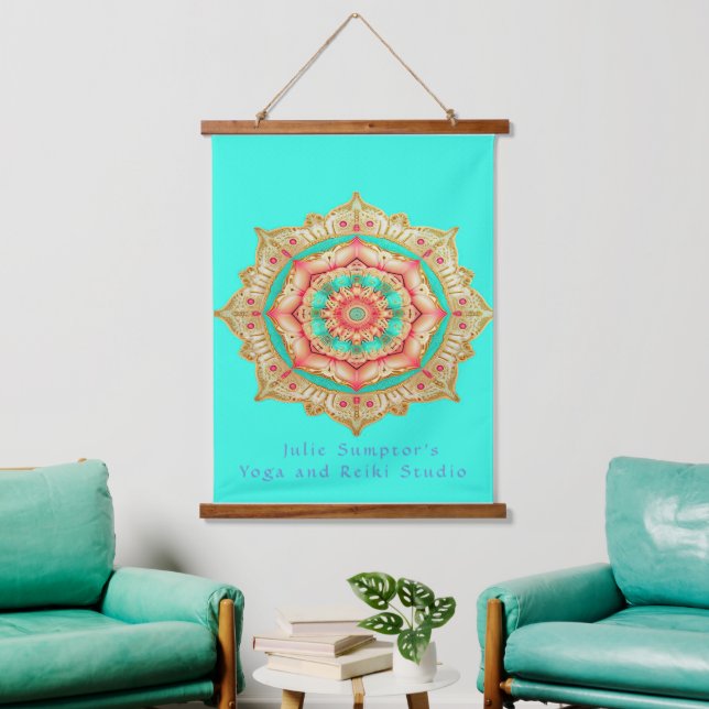 Vibrant Gold Turquoise Blue and Coral Aum Mandala  Hanging Tapestry (Living Room)