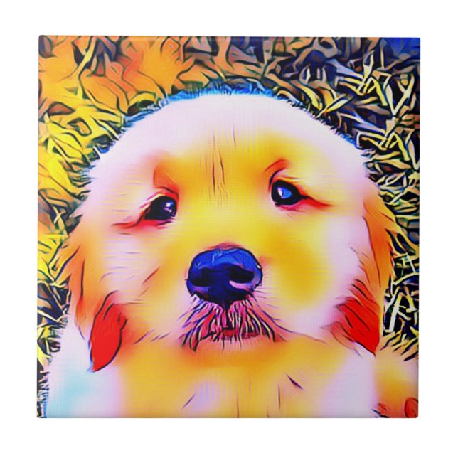 Vibrant Golden Retriever Puppy Psychedelic Art Tile (Front)