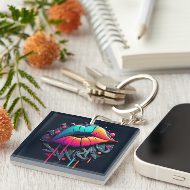 Vibrant Graffiti-Style Colourful Lips Keychain (Front Right)