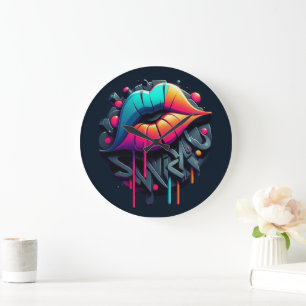 Vibrant Graffiti-Style Colourful Lips Large Clock