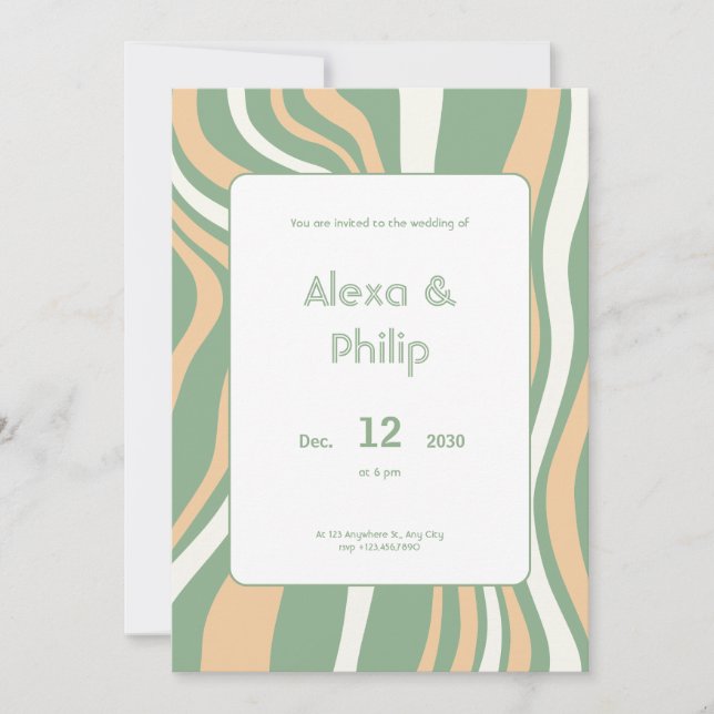 Vibrant green and cream lines Wedding Invitation (Front)
