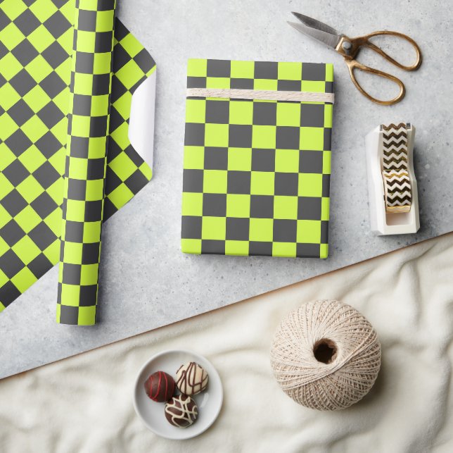 Vibrant Green and Grey Chequered Pattern Wrapping Paper (Crafts)