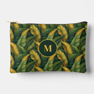 Vibrant Green Banana Foliage Pattern Monogramed Accessory Pouch