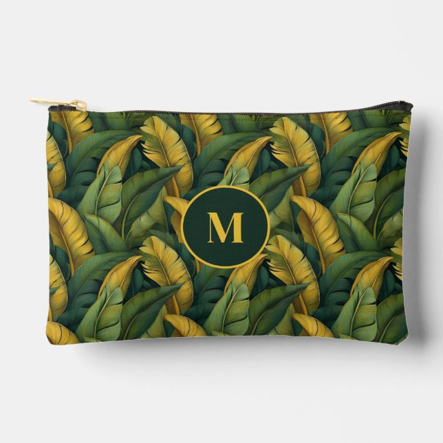 Vibrant Green Banana Foliage Pattern Monogramed Accessory Pouch (Front)