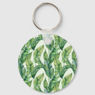 Vibrant Green Banana Leaves Watercolor Pattern Keychain