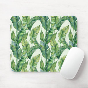 Vibrant Green Banana Leaves Watercolor Pattern Mouse Pad