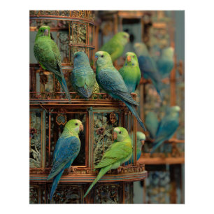 Vibrant Green Blue Parrots Exotic Perch Art Poster