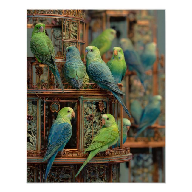 Vibrant Green Blue Parrots Exotic Perch Art Poster (Front)