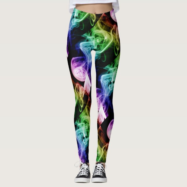 Vibrant Green Blue Purple Abstract Smoke Leggings (Front)